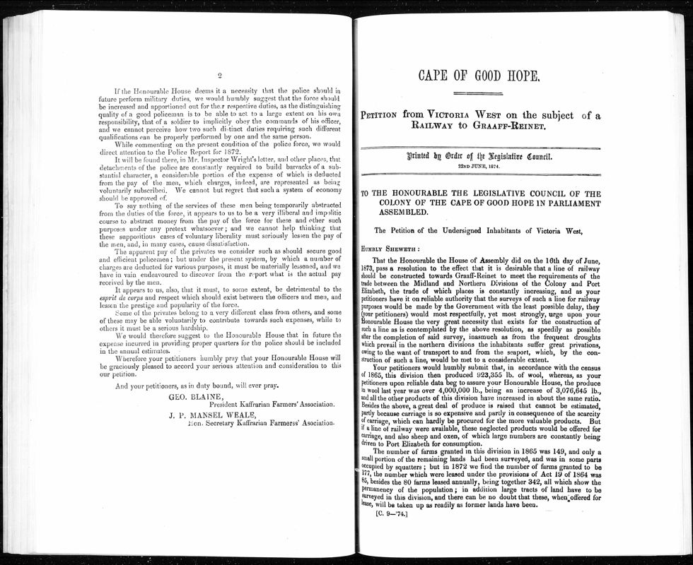 View document: Petition From Victoria West on The Subject of A Railway to Graaff-Reinet, 1874.