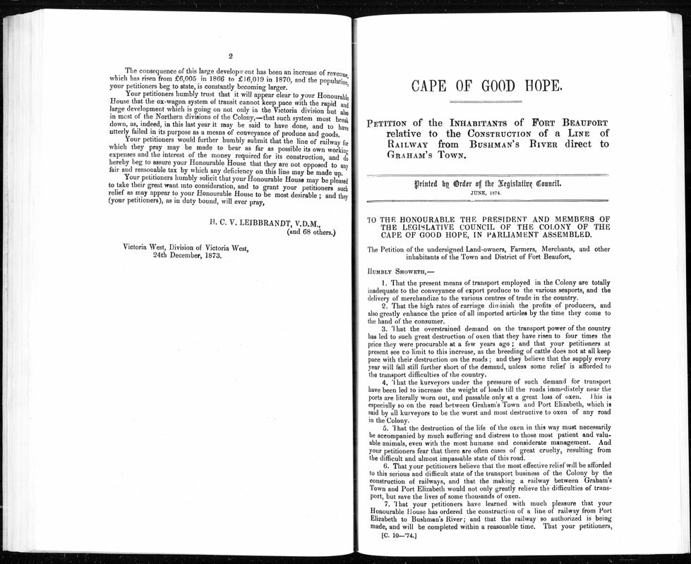 View document: Petition of The Inhabitants of Fort Beaufort Relative To The Construction of A Line of Railway From Bushman's River Direct To Graham's Town, 1874.