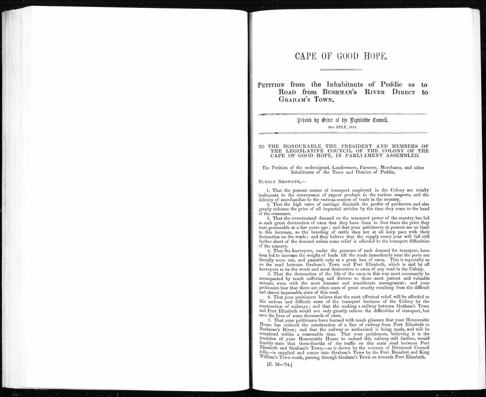 View document: Petition From The Inhabitants of Peddie As To Road From Bushman's River District To Graham's Town, 1874.