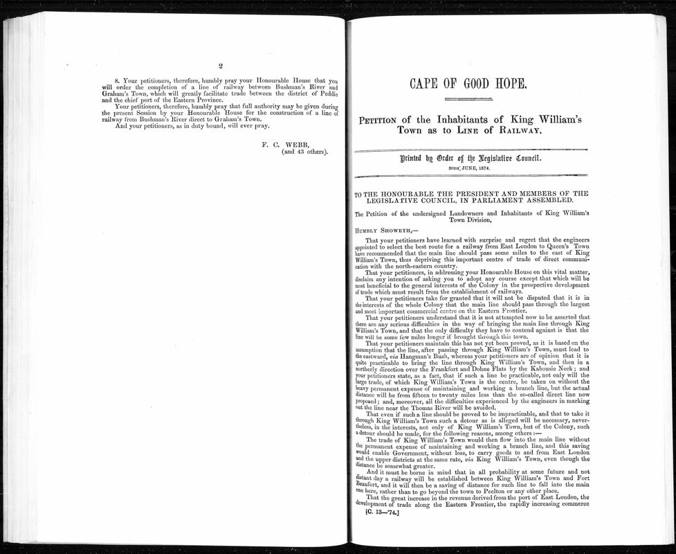 View document: Petition of The Inhabitants of King William's Town, 1874.