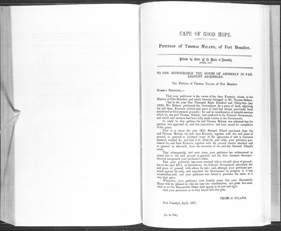 View document: Petition of Thomas Niland of Fort Beaufort, 1875.