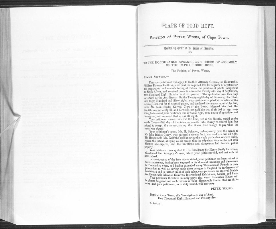View document: Petition of Peter Wicks, 1875.