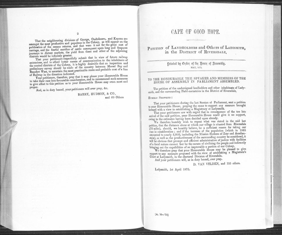 View document: Petition of Landowners and Others of Ladismith in The District of Riverside, 1875.