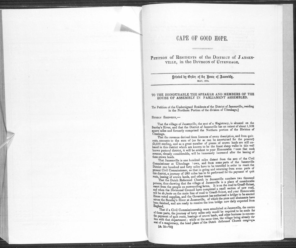 View document: Petition of Residents of The District of Jansenville, 1875.
