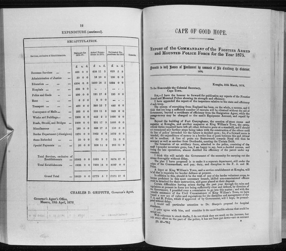 View document: Report of The Commandant of The Frontier Armed and Mounted Police Force For The Year 1875.