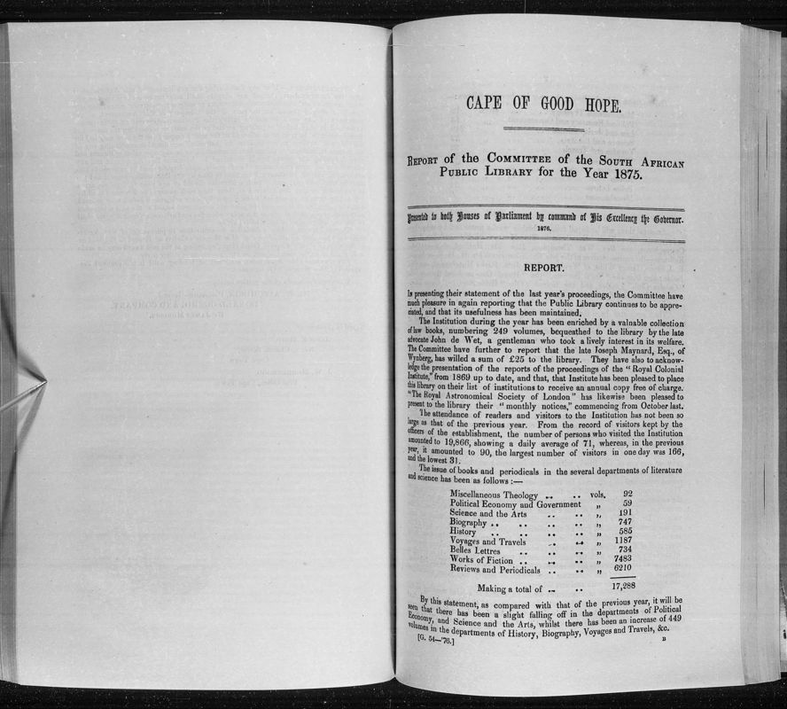 View document: Report of The Committee of The South African Public Library For The Year 1875.