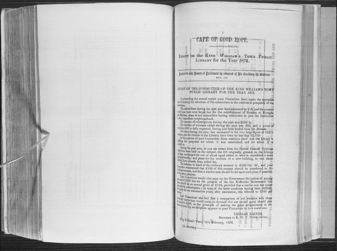 View document: Report on the King William's Town Public Library For 1875.