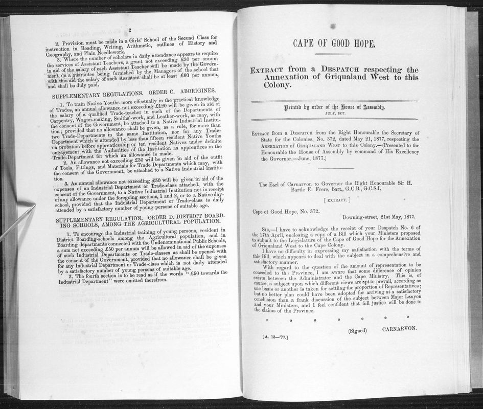 View document: Extract From A Dispatch Respecting The Annexation of Griqualand West To This Colony, 1877.