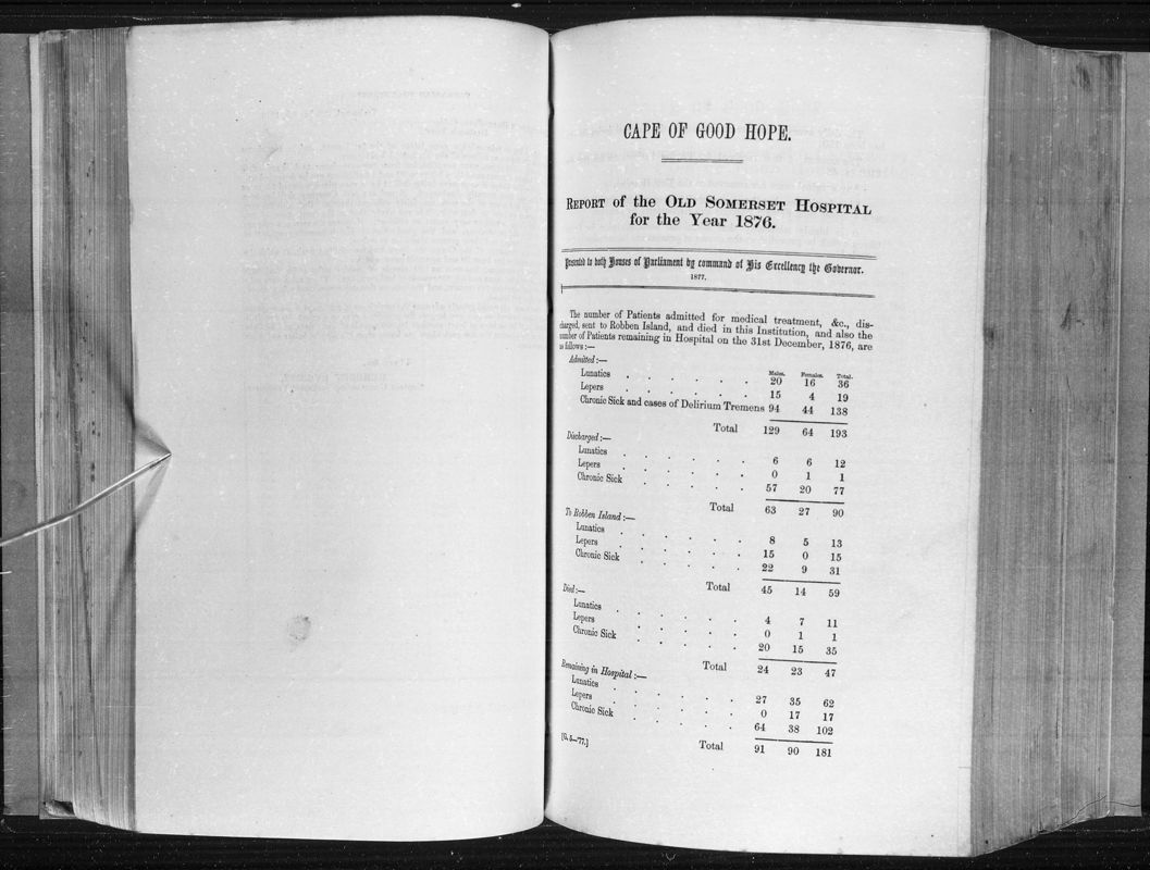 View document: Report of The Old Somerset Hospital For The Year 1876.