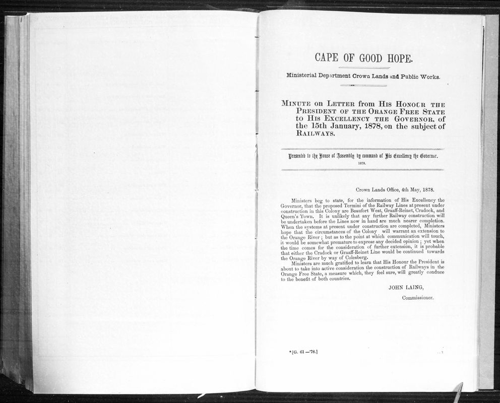 View document: Minutes on The Subject of Railways, 1878.
