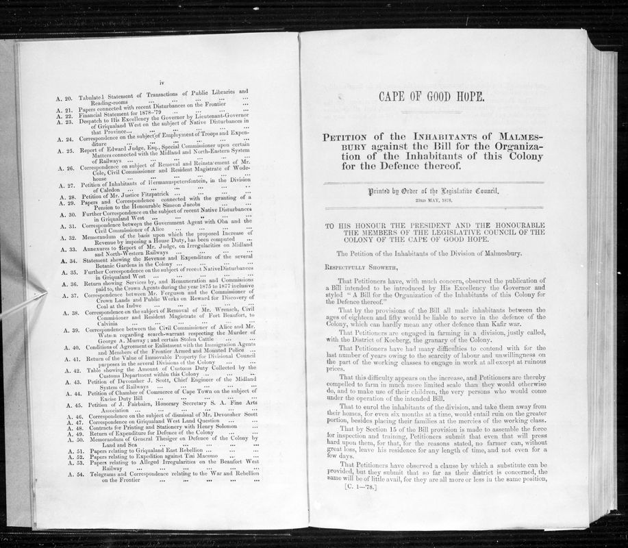 View document: Petition of The Inhabitants of Malmesbury, 1878.