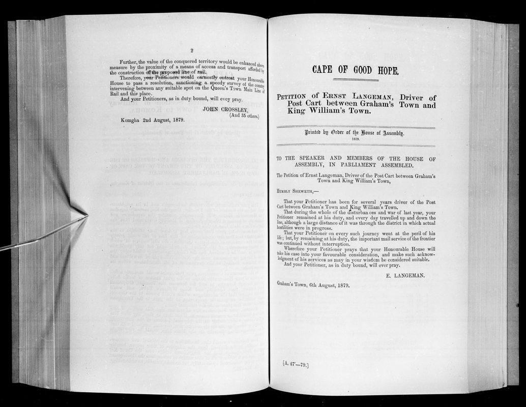 View document: Petition of Ernst Langeman, Driver of Post Cart Between Graham's Town and King William's Town, 1879.