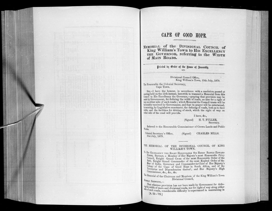 View document: Memorial of The Divisional Council of King William's Town to His Excellency The Governor Referring to The Width of Main Roads, 1879.