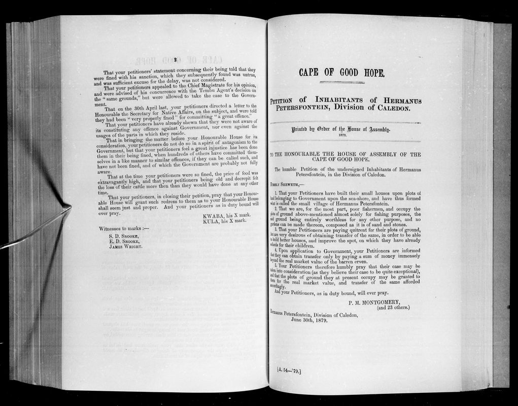 View document: Petition of Inhabitants of Hermanus Petersfontein, Division of Caledon, 1879.