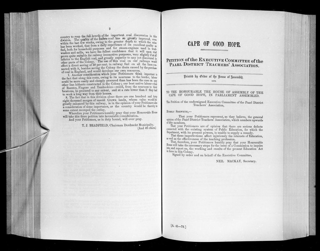 View document: Petition of The Executive Committee of The Paarl District Teachers' Association, 1879.