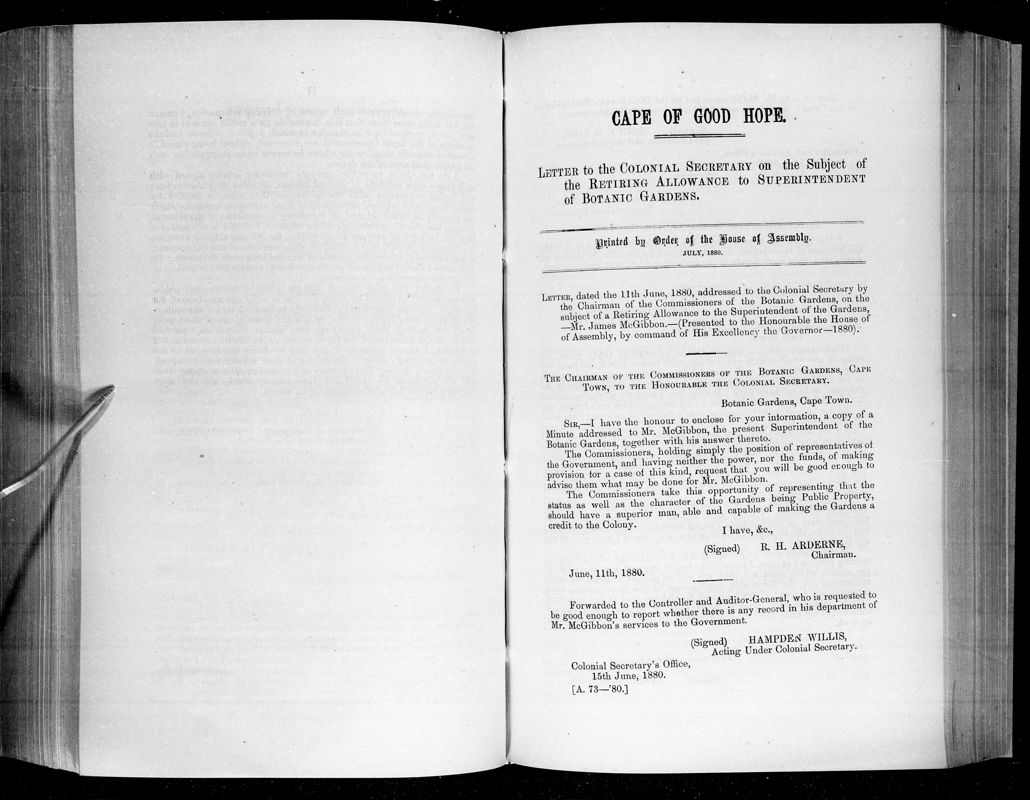 View document: Letter To The Colonial Secretary on The Subject of The Retiring Allowance To Superintendent of Botanic Gardens, 1880.
