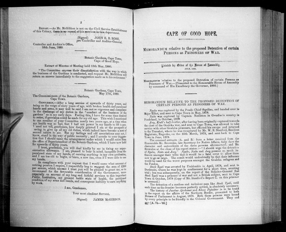 View document: Memorandum Relative To The Proposed Detention of Certain Persons As Prisoners of War, 1880.