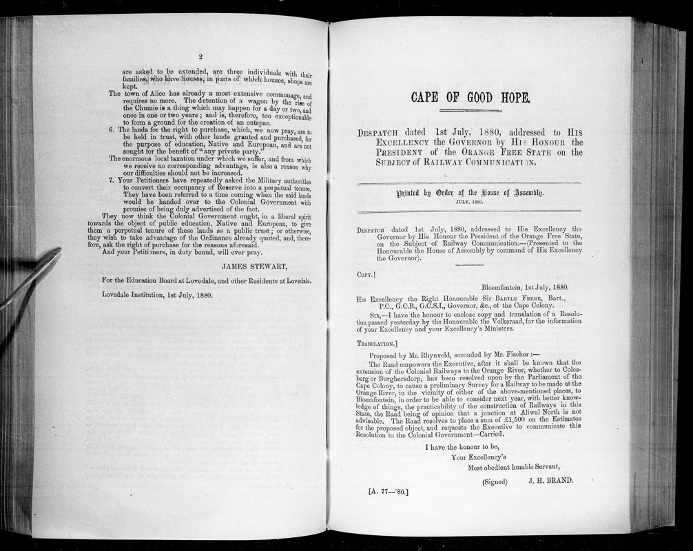 View document: Dispatch Dated 1st July 1880 on The Subject of Railway Communication.