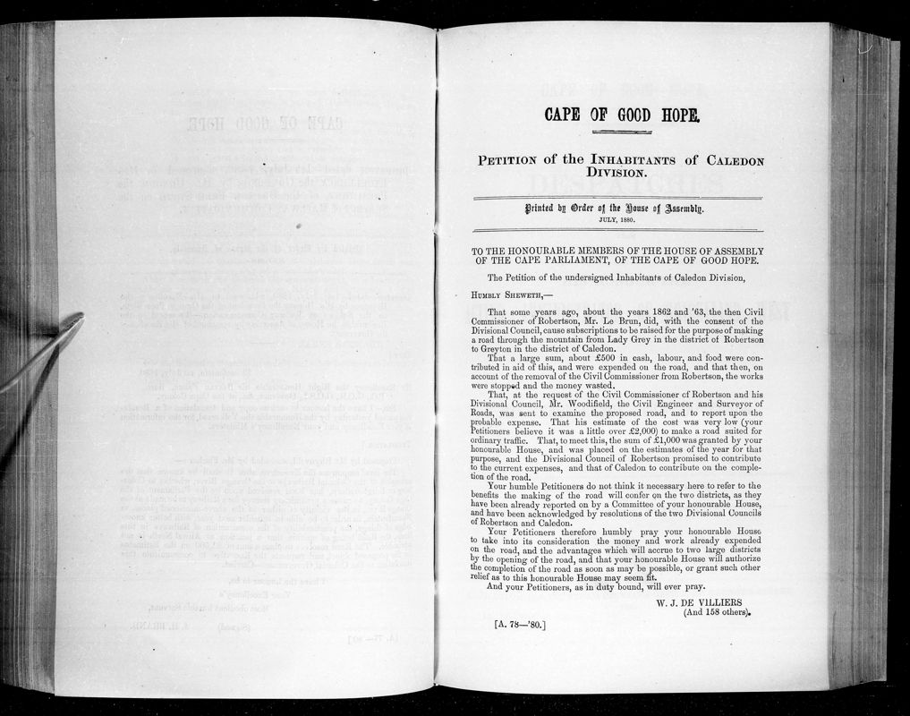 View document: Petition of The Inhabitants of Caledon Division, 1880.