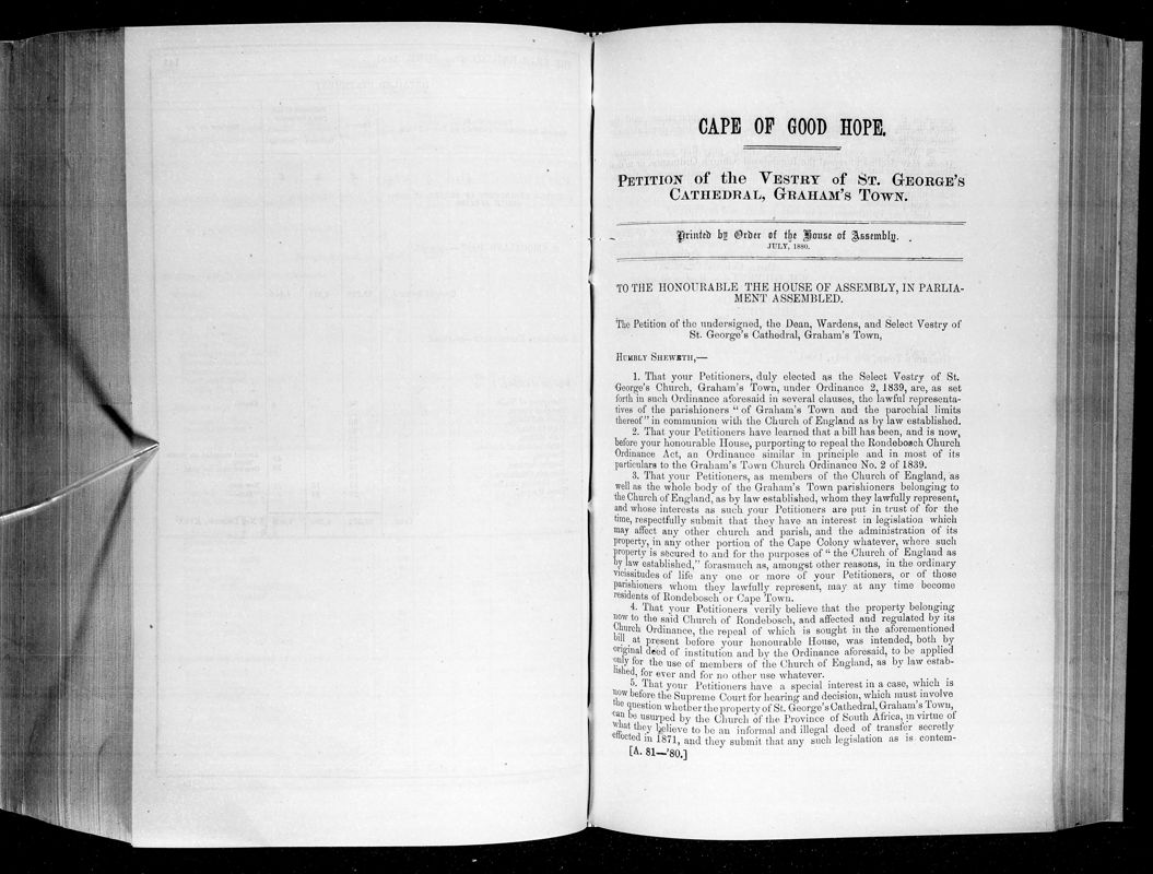 View document: Petition of The Vestry of St. George's Cathedral, Graham's Town, 1880.