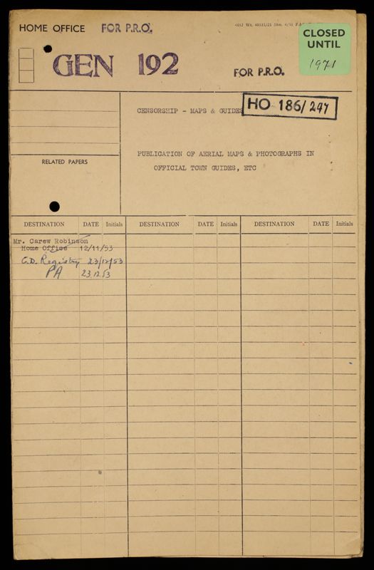 View document: HO 186/247: Publication of Aerial Maps & Photographs in Official Town Guides.