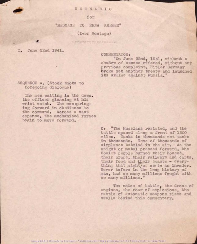 View document: Material from prospective film: ‘Message to Erna Kerner’, 1941.