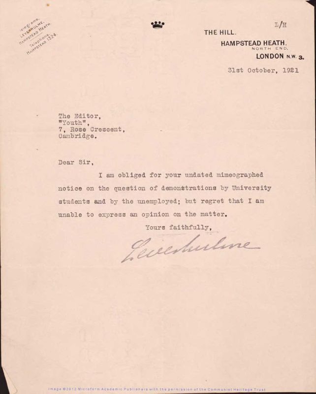 View document: Editorship of the magazine ‘Youth’, 1921.