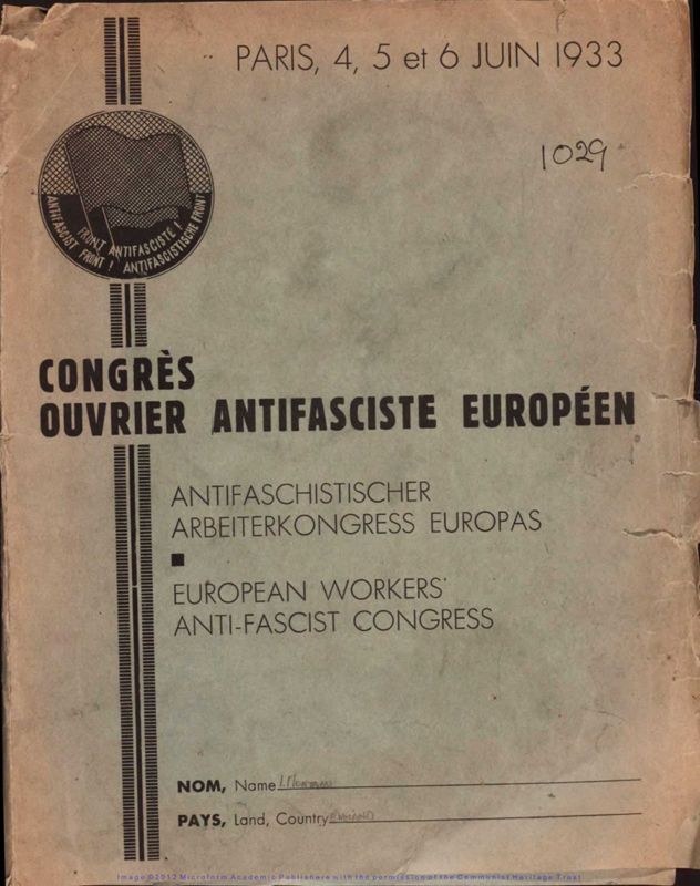 View document: European Workers’ Anti-Fascist Congress, 1933.