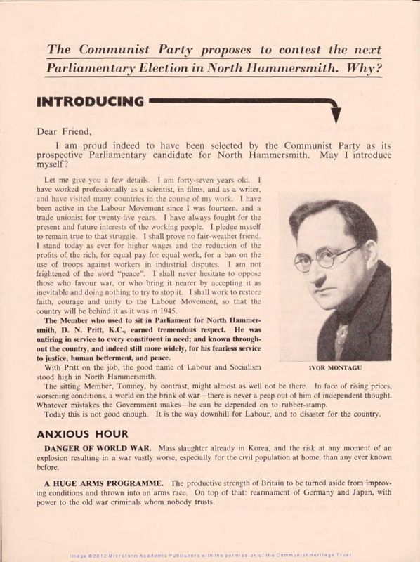 View document: Papers related to Montagu’s election candidature in North Hammersmith, 1945-1951.