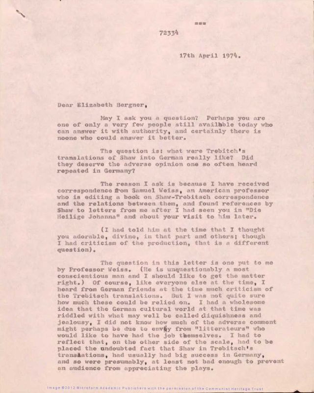 View document: Correspondence with scholars regarding Bernard Shaw, 1974-1975.