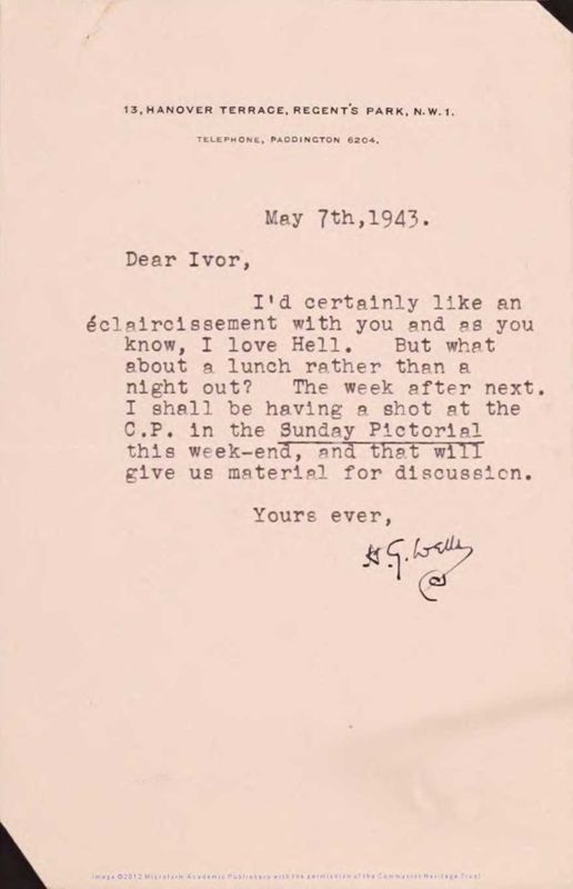 View document: Correspondence with H. G. Wells, 1943.