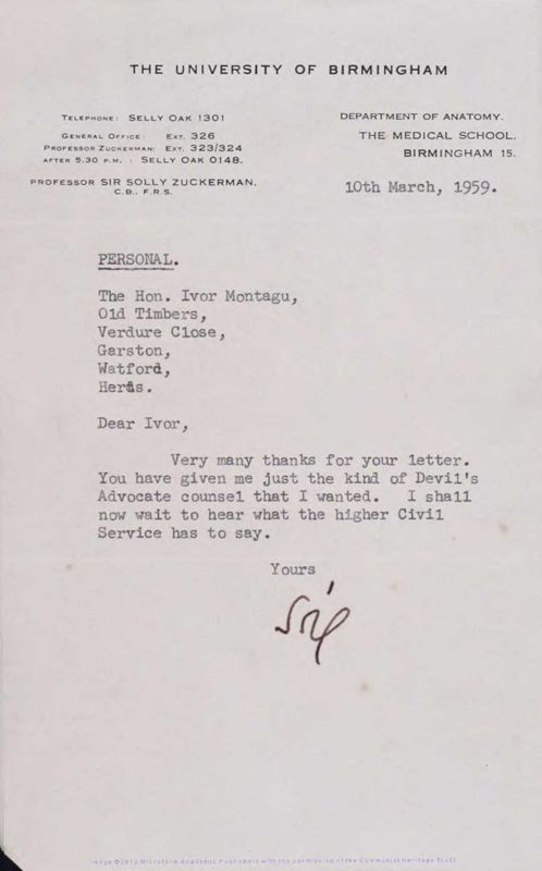 View document: Correspondence with Sir Solly Zuckerman, 1958-1965.