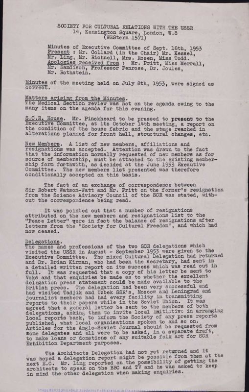 View document: Material relating to the Society for Cultural Relations with the USSR (i), 1947-1953.