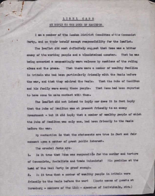 View document: Libel papers for the Duke of Hamilton, 1941.