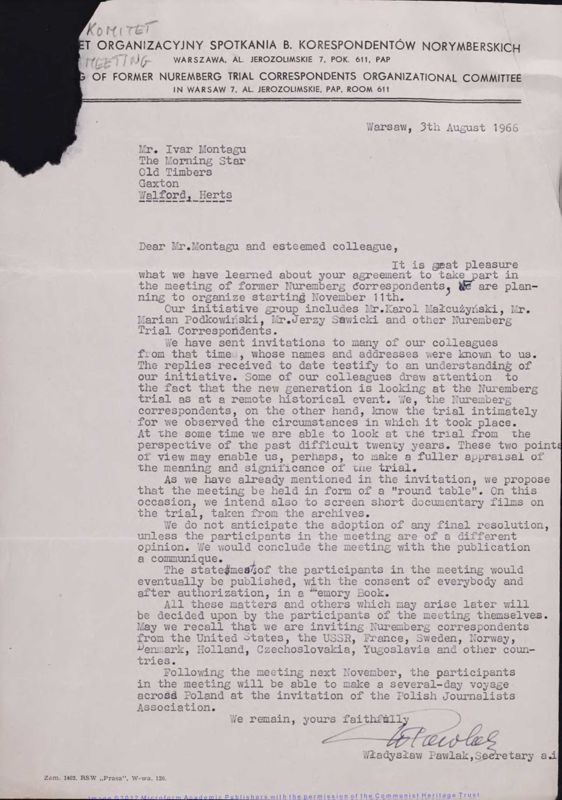 View document: Material from the 'Meeting of Former Nuremberg Trial Correspondents Organising Committee' in Warsaw, 1966.