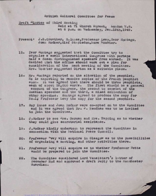 View document: Material relating to the British Cultural Committee for Peace, 1949.