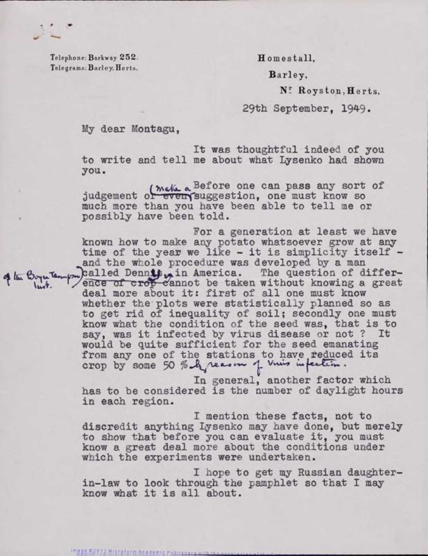 View document: ‘A visit to Lysénko’: a first-hand account of Montagu’s meeting with Trofím Lysénko, 1949.
