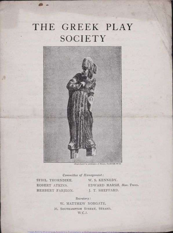View document: Theatrical Societies: The Greek Play Society and The Incorporated Stage Society, c. 1920s.