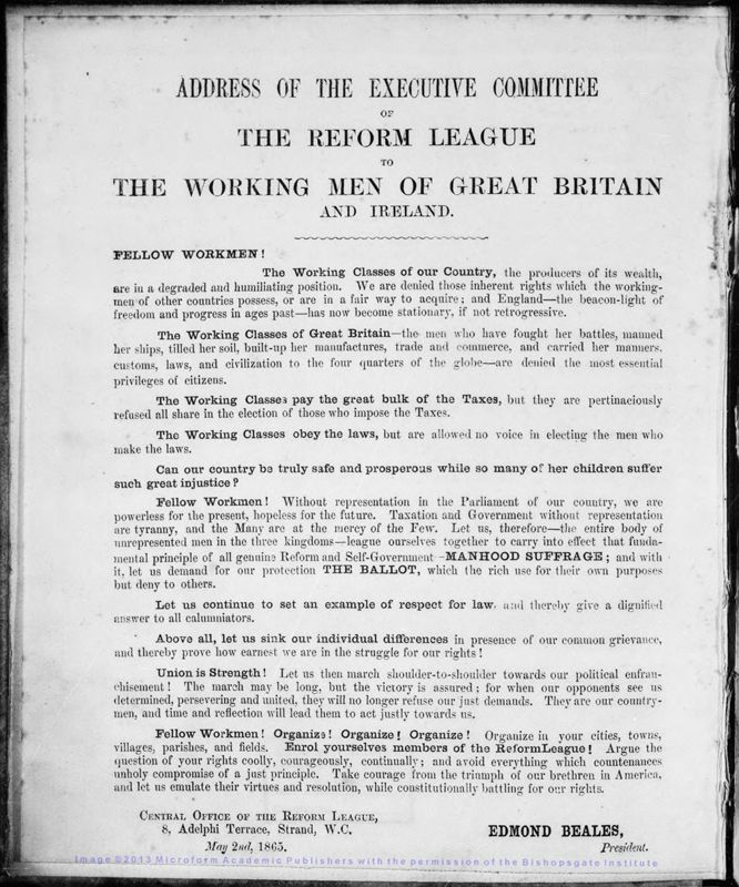 View document: Reform league papers and press cuttings, June 1865 - Jan 1869.