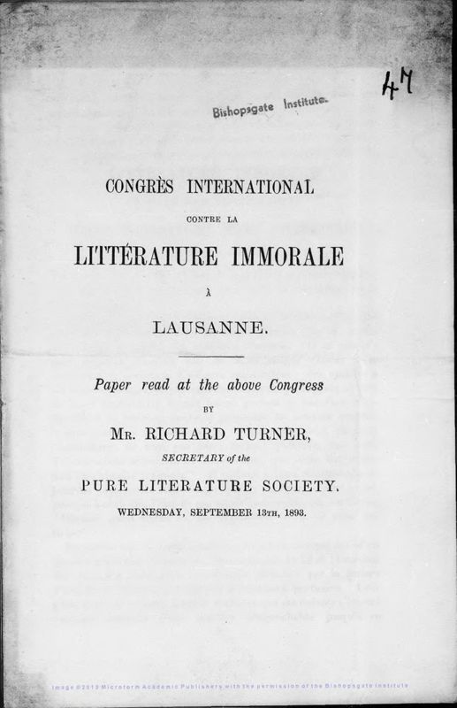 View document: Paper written for the Conference against 'Litterature Immorale', 1893.