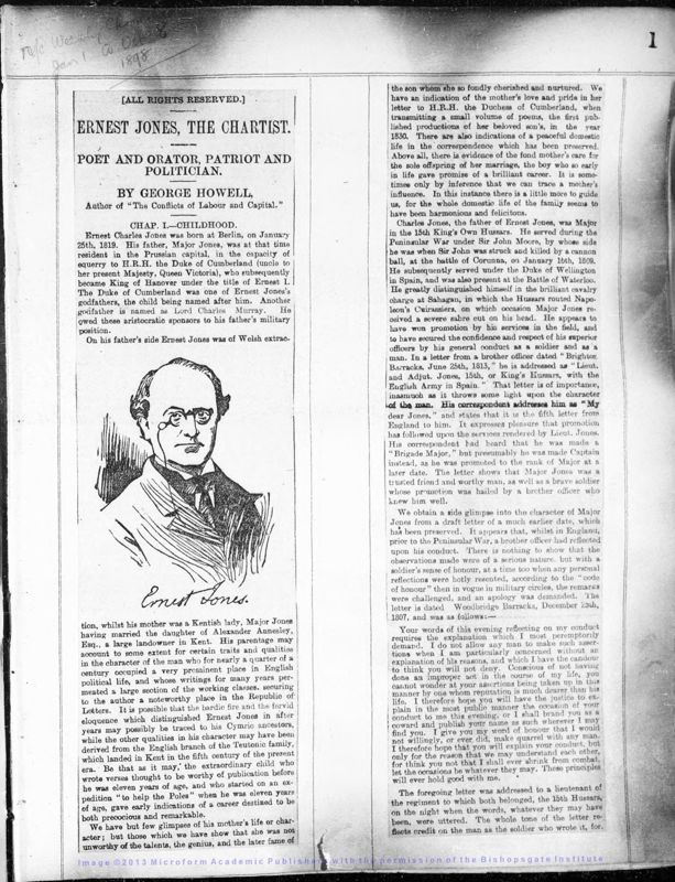 View document: 'Ernest Jones The Chartist. Poet and Orator, Patriot and Politician', 1898.