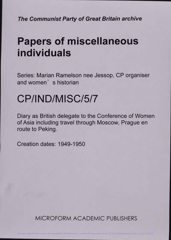 View document: Material from Ramelson’s trip to Asia (ii), 1949-1950.