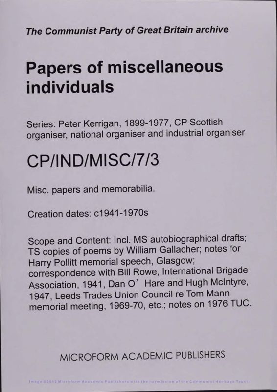 View document: Material related to Peter Kerrigan, 1916-1977.