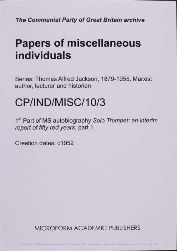 View document: Autobiographical material by Thomas Alfred Jackson (i), 1953.