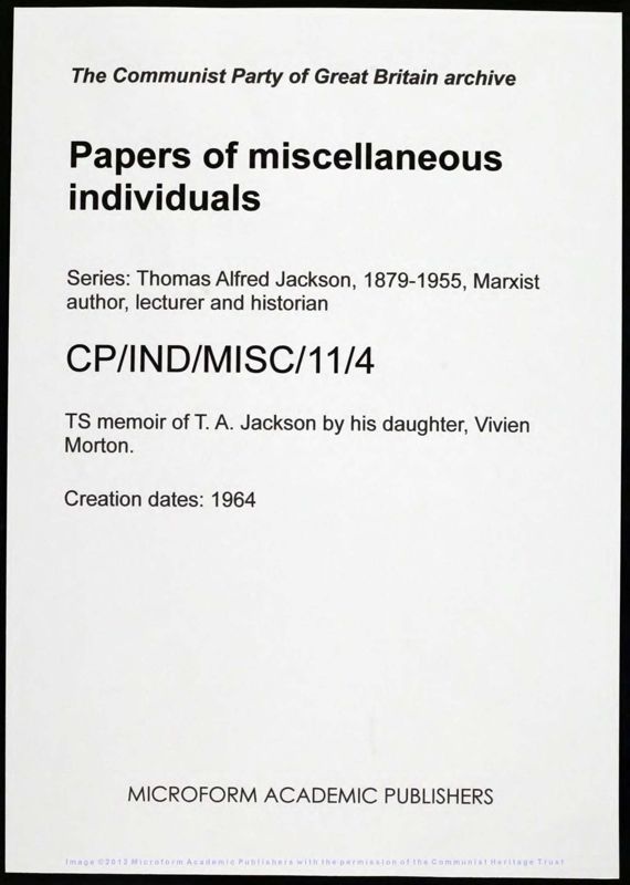 View document: Material by Vivien Morton on Thomas Alfred Jackson, 1933-1984.