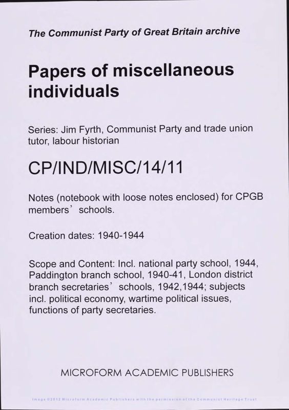 View document: Material related to Jim Fyrth, 1936-1987.