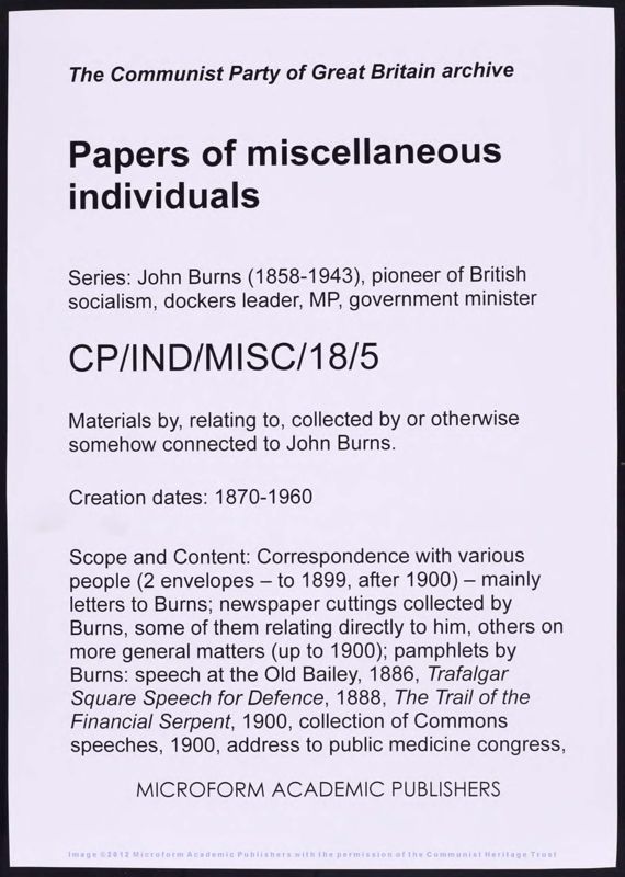 View document: Material related to John Burns, 1886-1936.