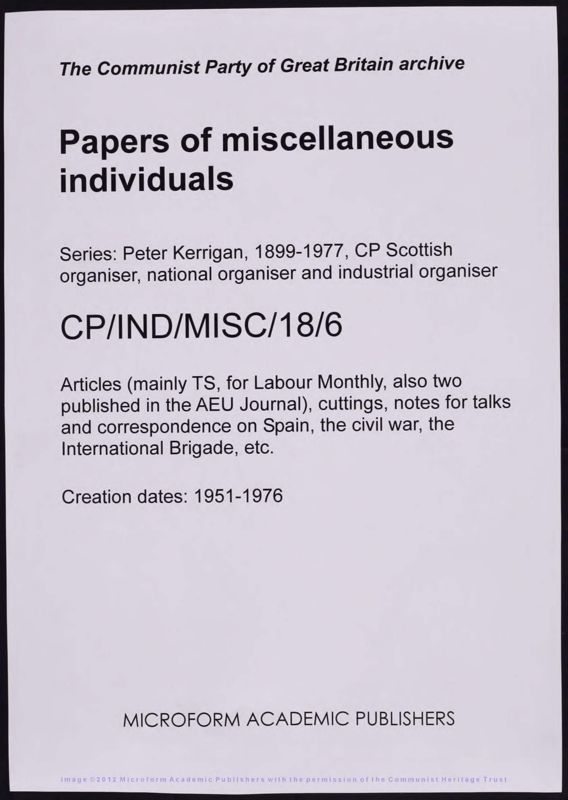 View document: Material related to Peter Kerrigan and Spain, 1951-1976.
