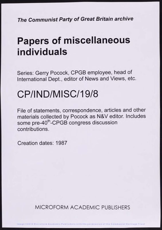 View document: Material related to Gerry Pocock, 1987.