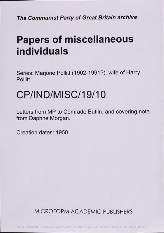 View document: Material related to Marjorie Pollitt, 1950.